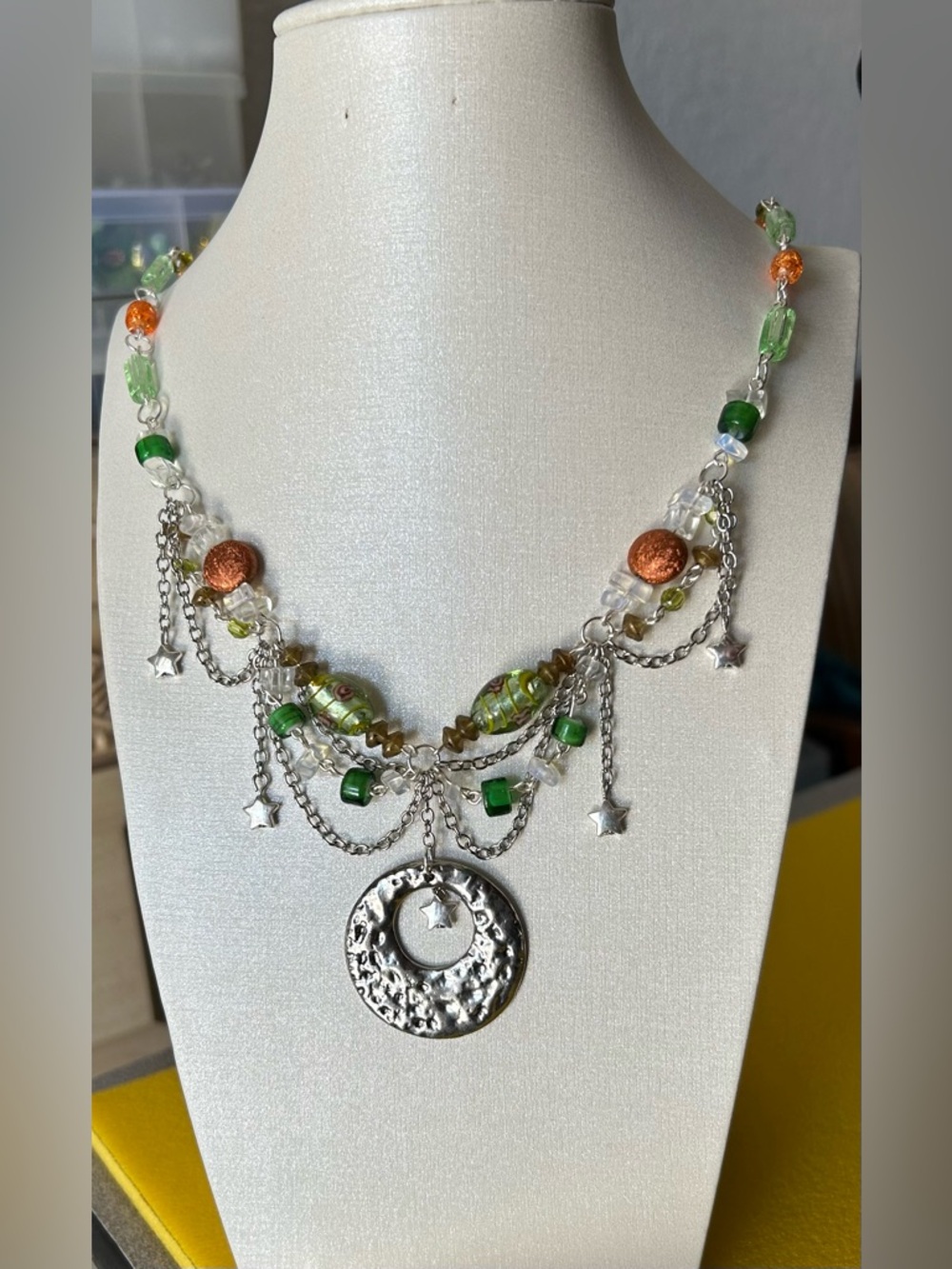 Ornate Silver and Green Filigree Necklace